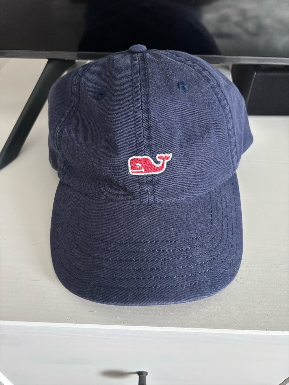 Vineyard Vines Navy Kids Cap with Red Whale Patch
